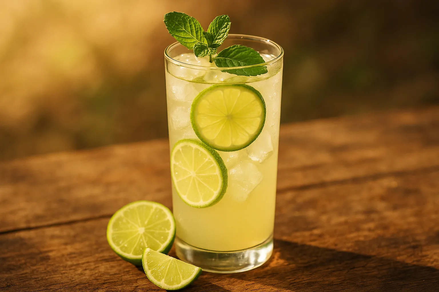 Fresh nimbu pani (Indian lemonade) in a tall glass with fresh lime slices and mint leaves, ice cubes - 24 calories per glass