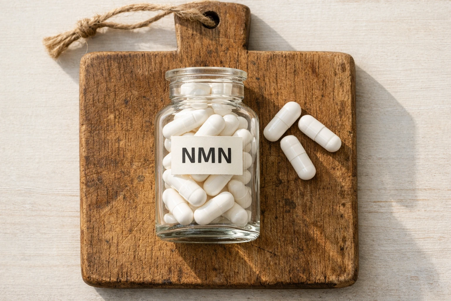 Fresh NMN supplement capsules on rustic wooden table - 0 calories per capsule