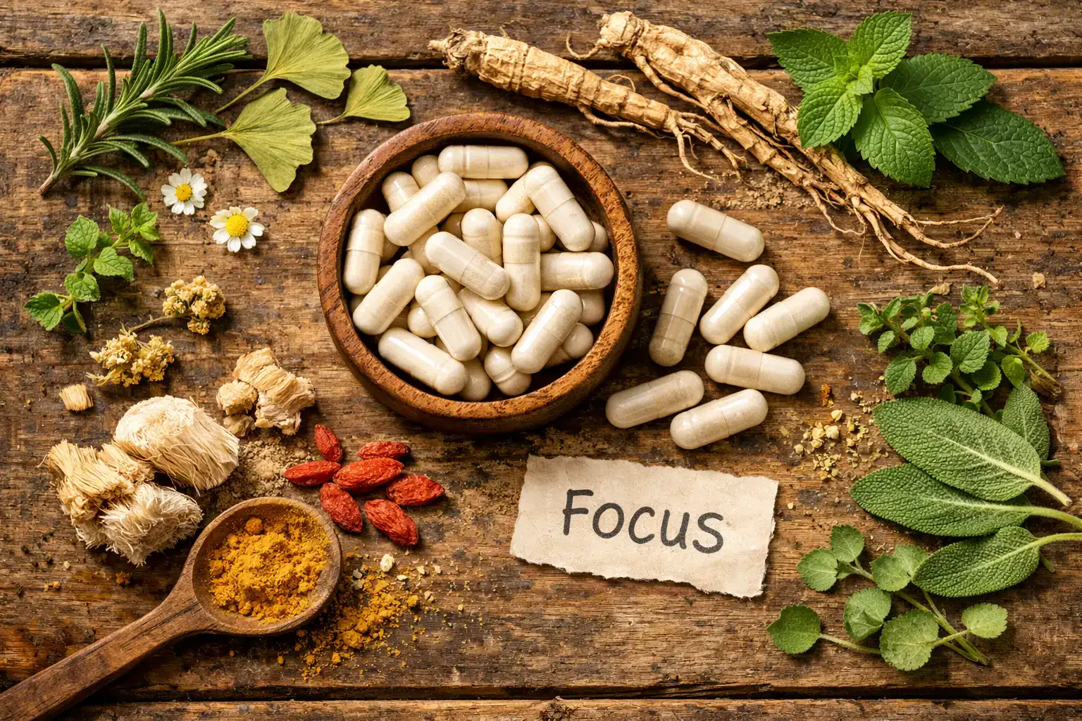 Fresh nootropic focus supplement capsules on rustic wooden table - 5 calories per 2-capsule serving