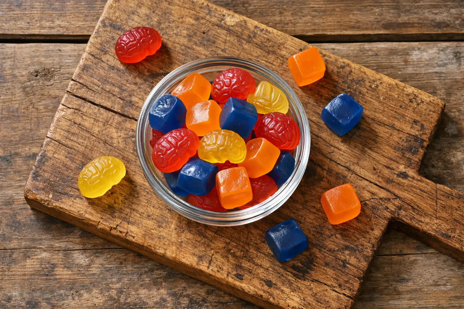 Fresh nootropic focus gummies on rustic wooden table - 15 calories per gummy
