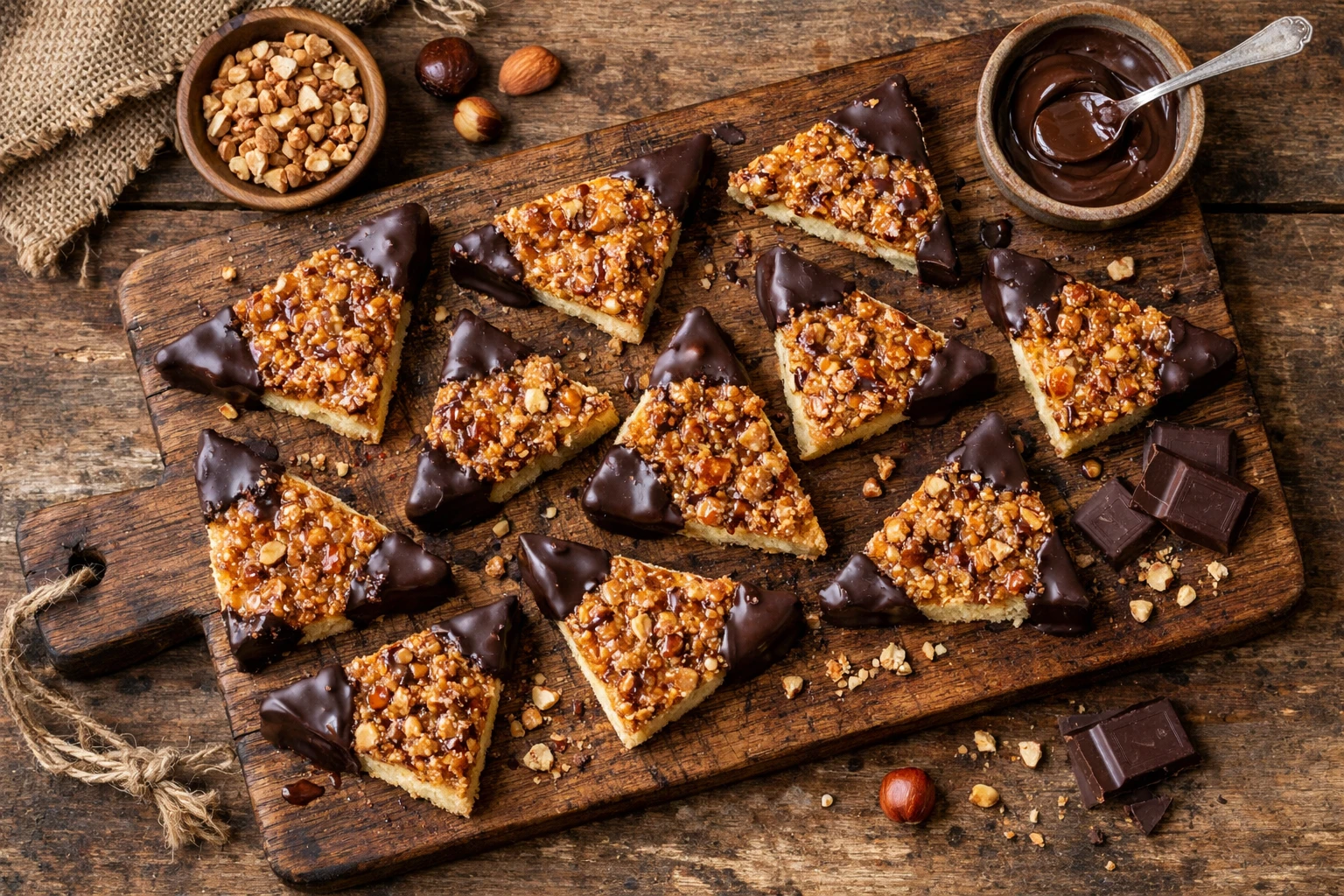 Frische Nussecken mit Schokolade auf rustikalem Holztisch - 180 Kalorien pro Stück