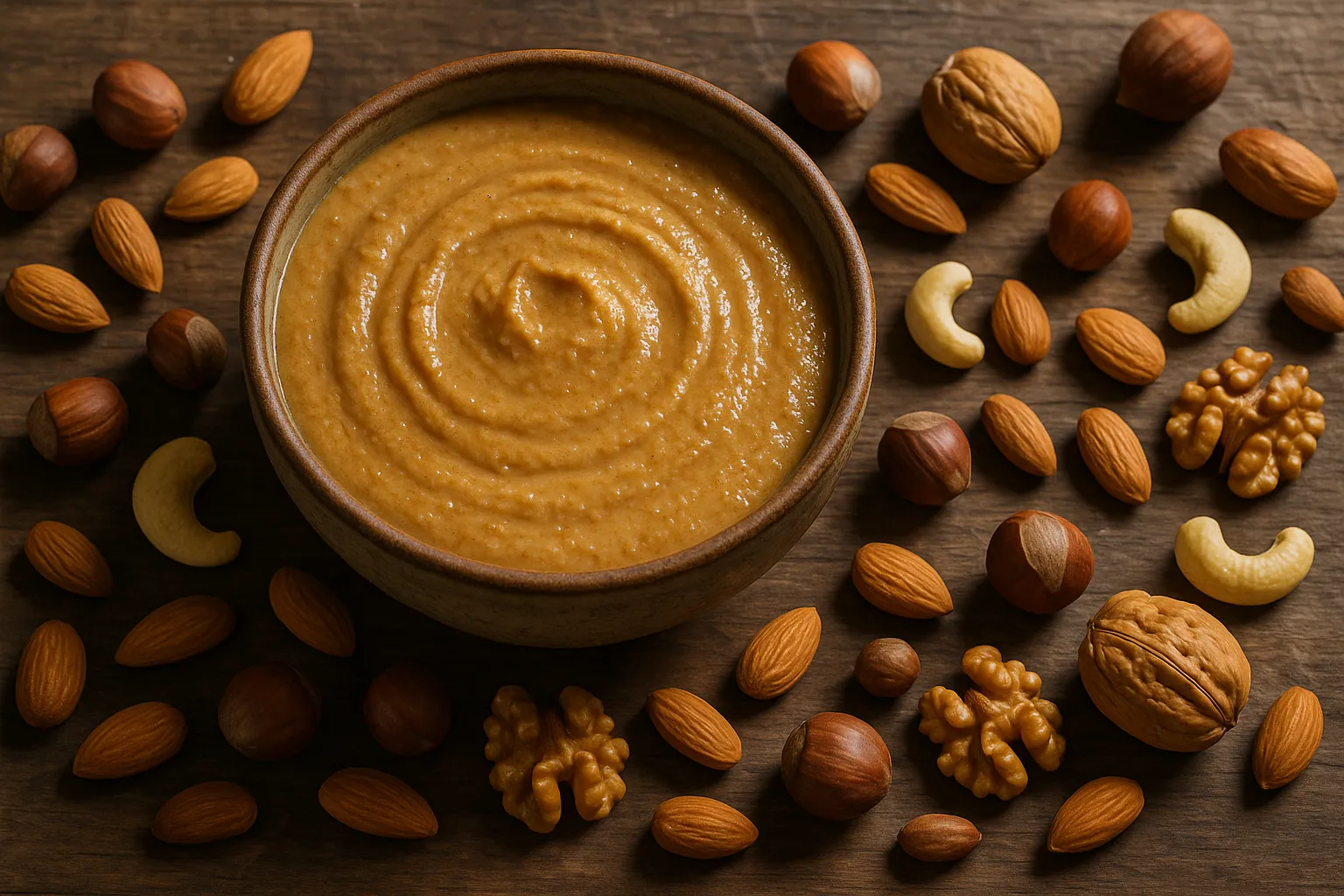 Fresh nut butter in rustic ceramic bowl - 190 calories per 2 tablespoons