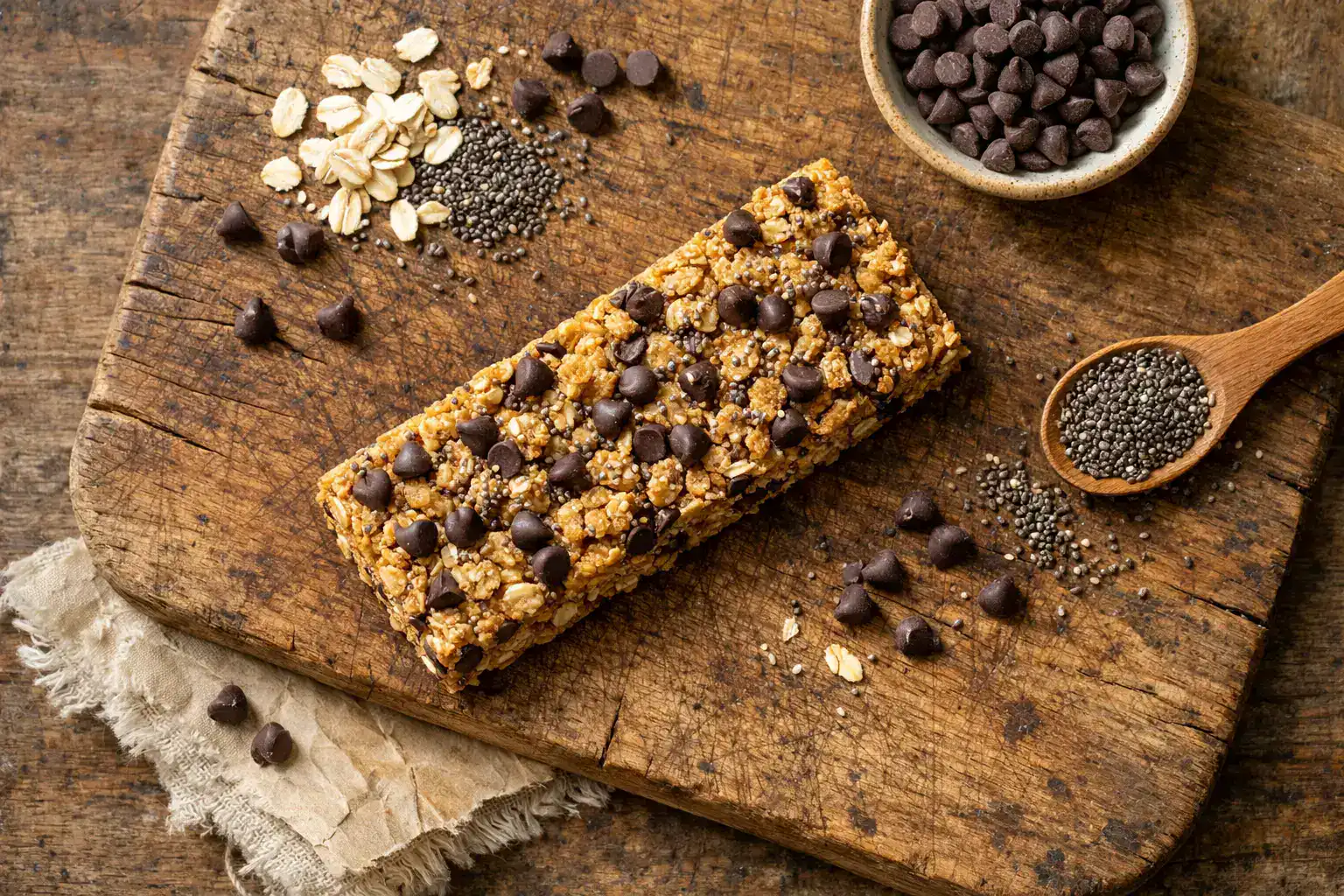 रस्टिक लकड़ी की टेबल पर ताज़ा Nutri-Grain Chocolate Chip Chia Bar - 130 कैलोरी प्रति बार