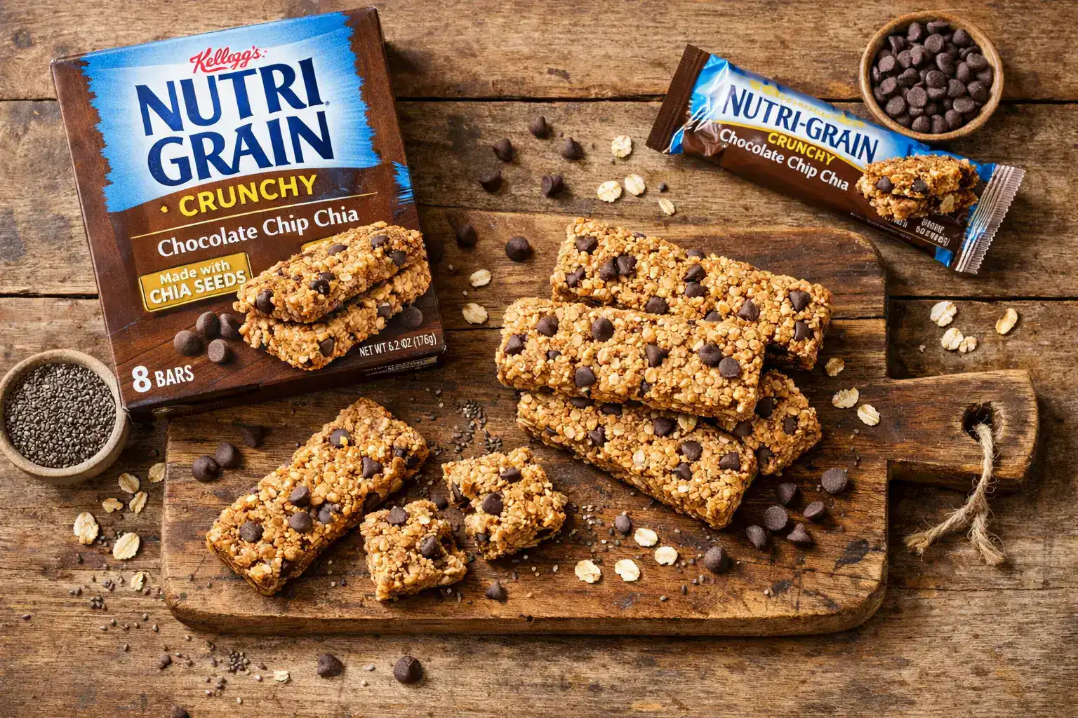 रस्टिक लकड़ी की टेबल पर Nutri-Grain Crunchy Chocolate Chip Chia Bar - प्रति सर्विंग 170 कैलोरी