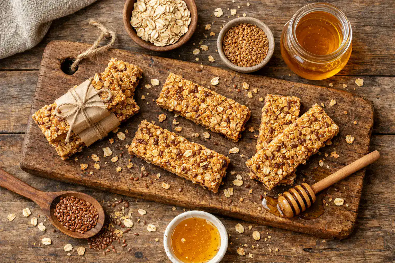 Barre Nutri-Grain Crunchy Miel Avoine Lin fraîche sur une table en bois rustique - 195 calories par portion de 2 barres