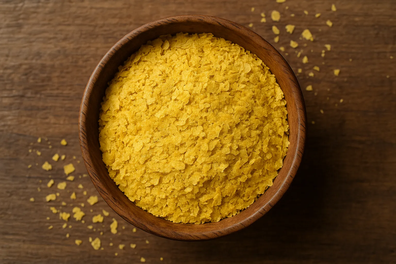 Fresh nutritional yeast flakes on rustic wooden table - 50 calories per 2 tablespoons