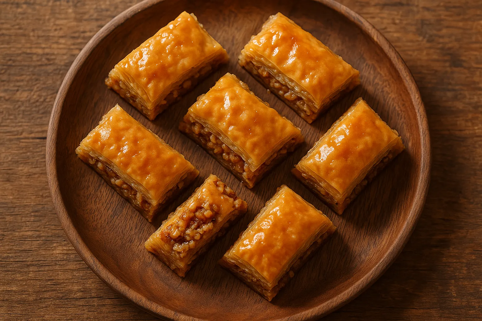 Fresh nutty baklava pastry on rustic wooden plate - 150 calories per piece