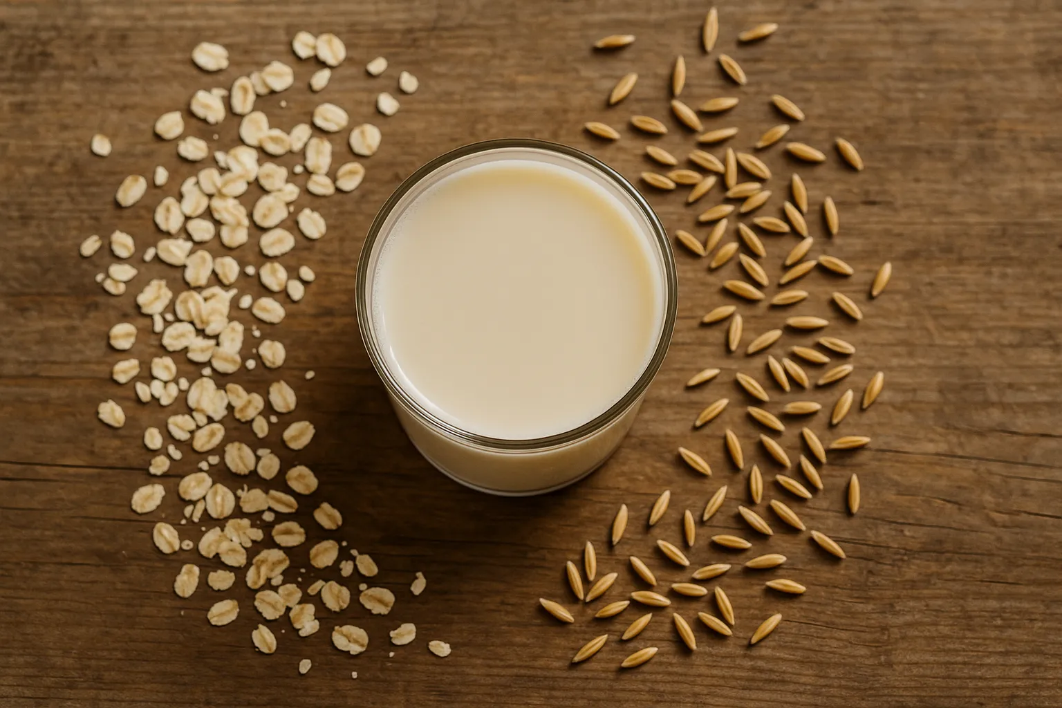 Leche de avena fresca sobre mesa rústica de madera - 120 calorías por taza