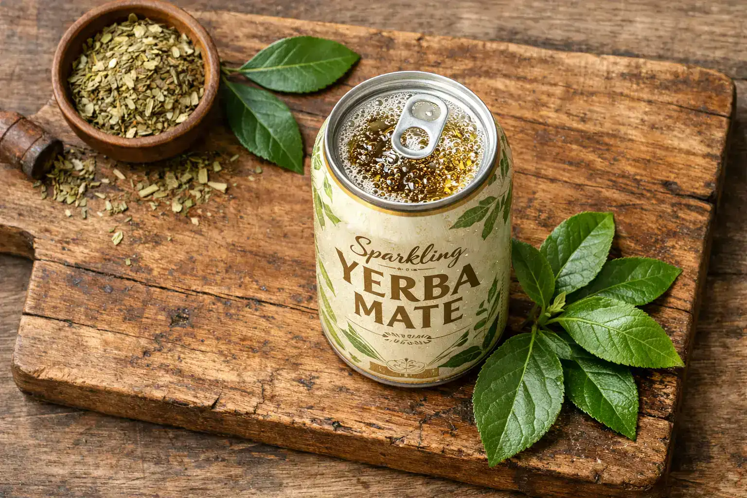 रस्टिक लकड़ी की टेबल पर ताजा स्पार्कलिंग येर्बा मेट - 12oz कैन में 40 कैलोरी