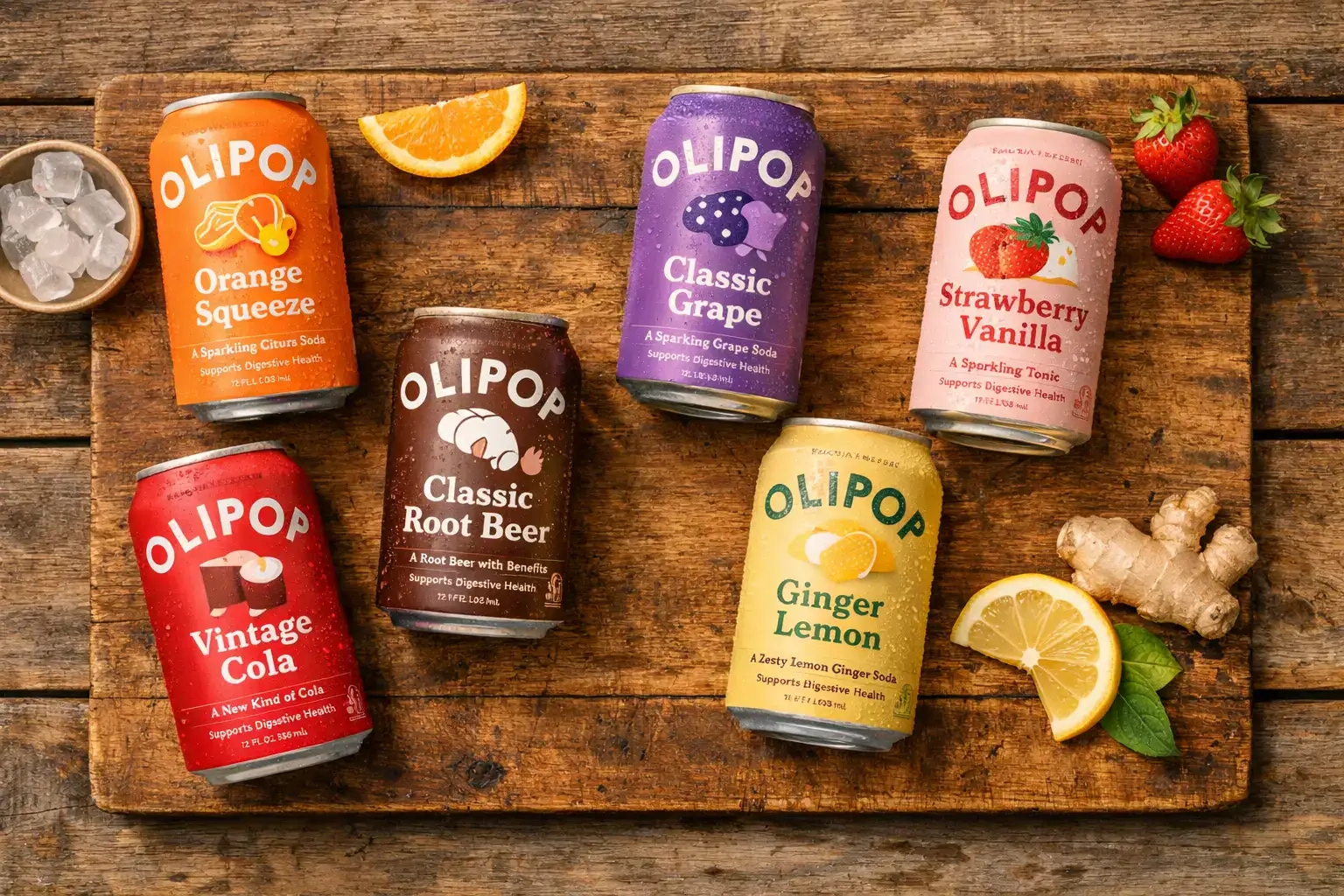 Latas frescas de Olipop prebiotic soda sobre mesa rustica de madera - 35 calorias por lata
