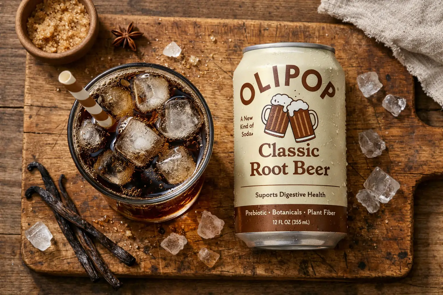 Olipop Root Beer frais, soda prébiotique sur table en bois rustique - 35 calories par canette