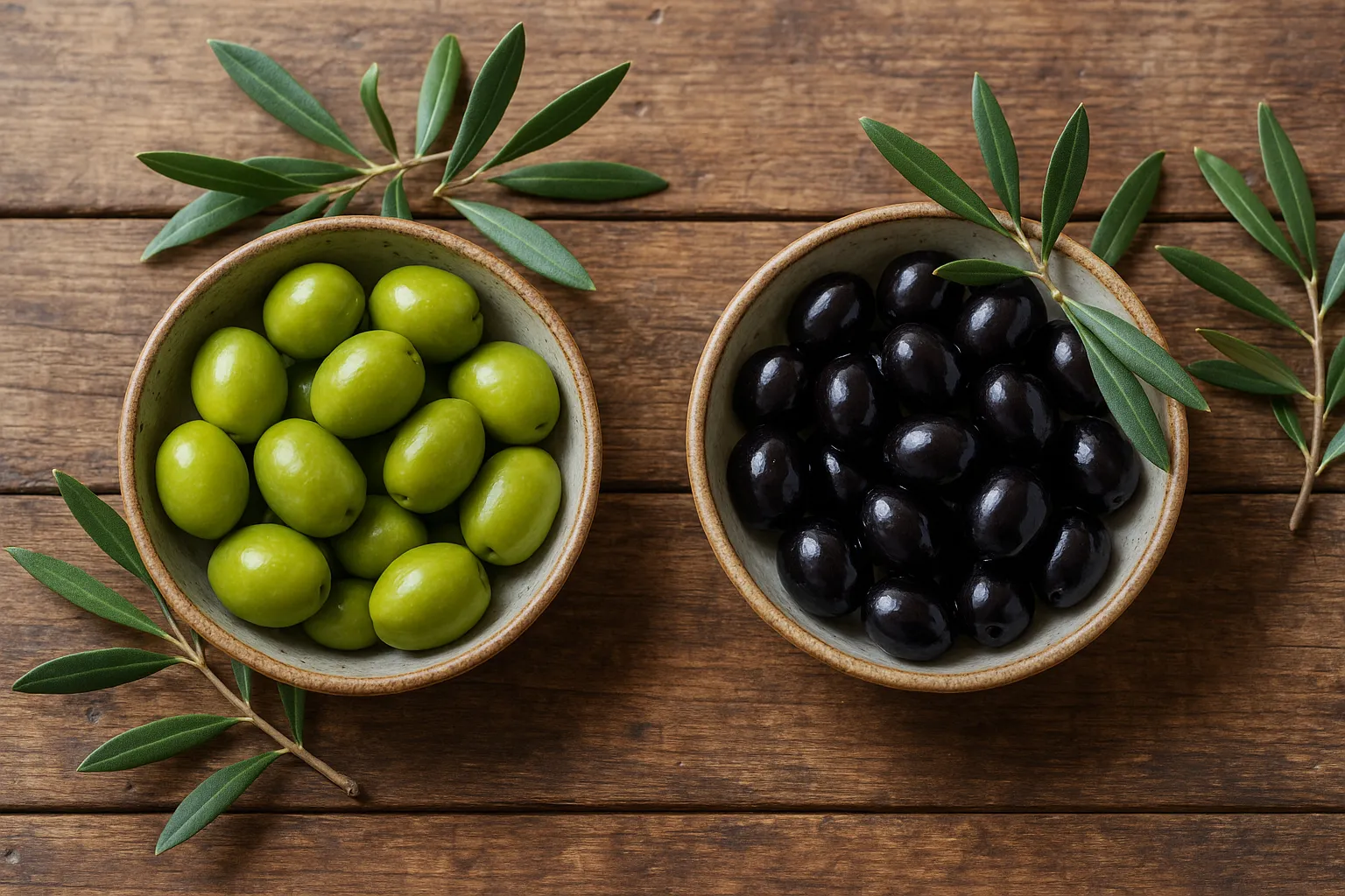 Fresh olives on rustic wooden table - 115 calories per 100g