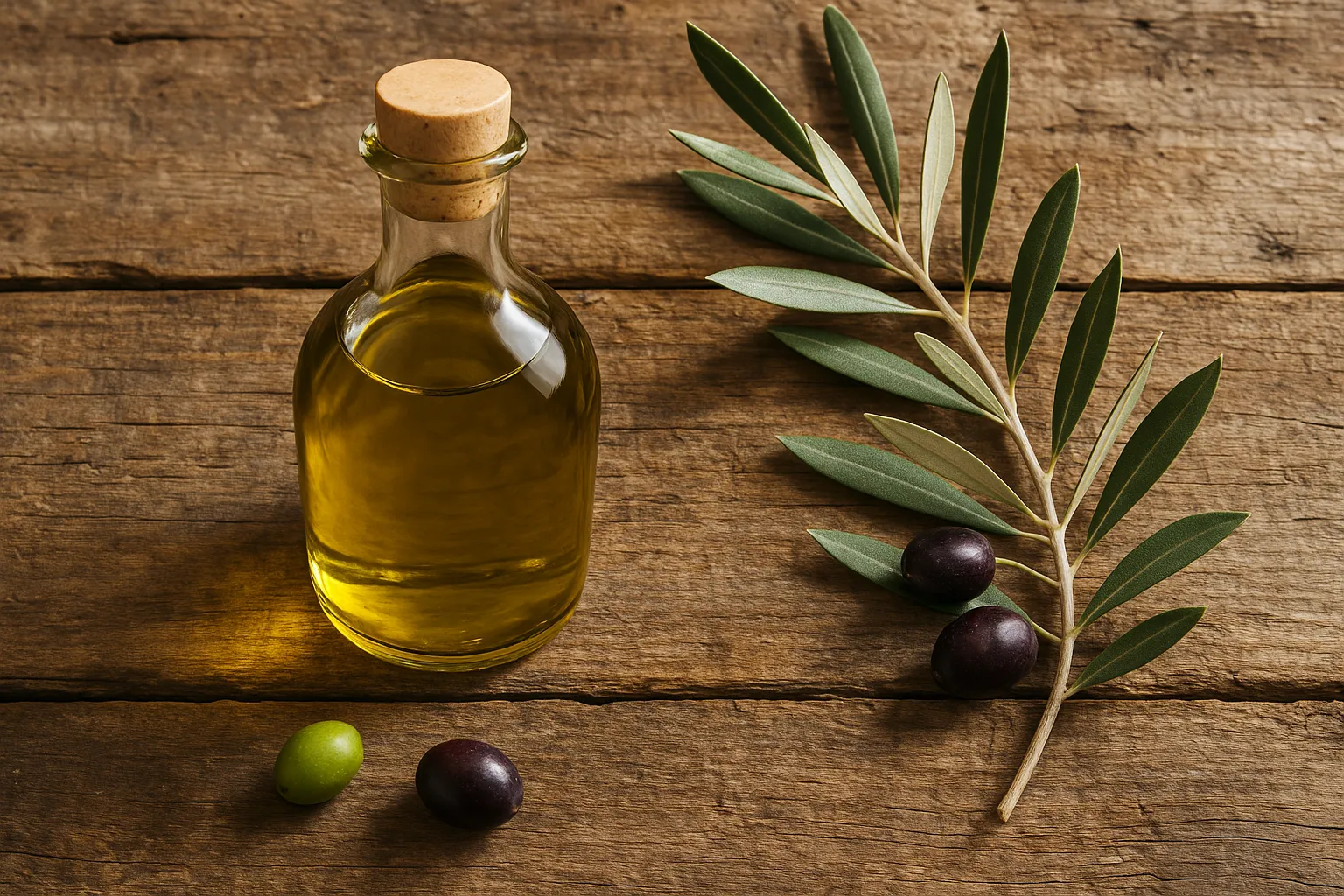 Premium extra virgin olive oil in glass bottle with olive branch and fresh olives on rustic wooden table