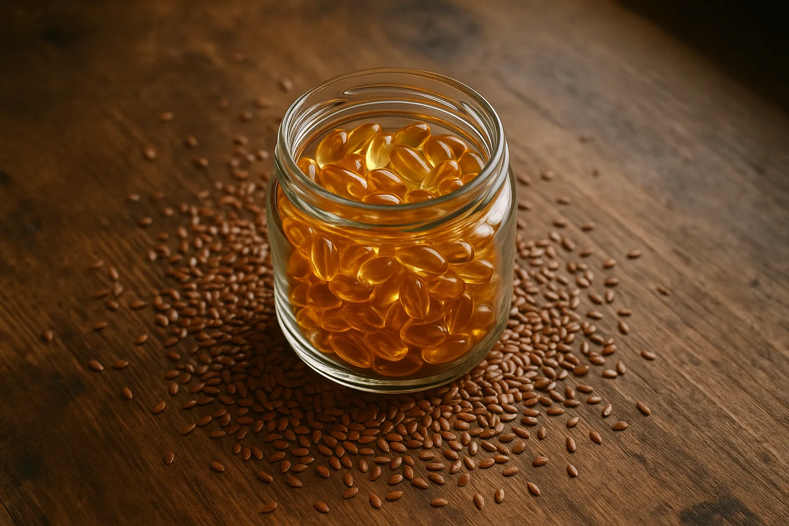 Fresh omega-3 supplement capsules on rustic wooden table - 9 calories per capsule