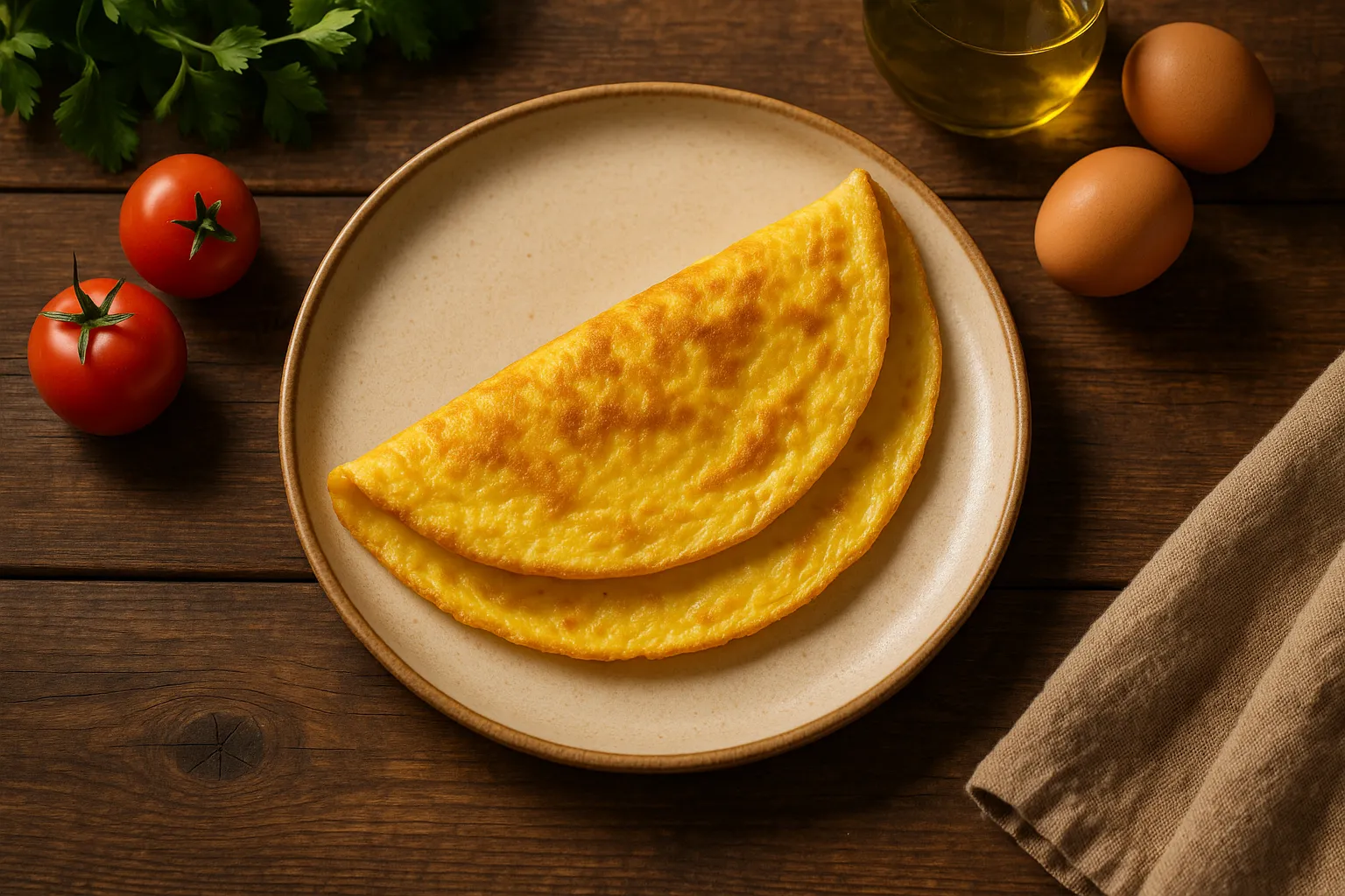 Fresh omelette on rustic wooden table - 154 calories per 100g