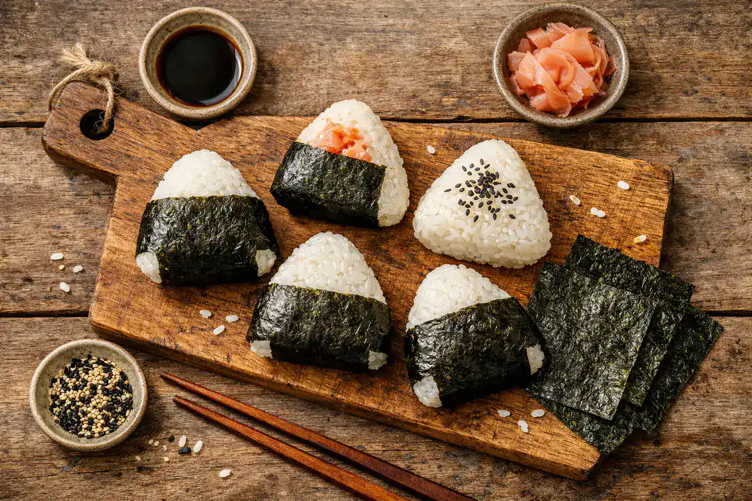 Onigiri fresco en mesa de madera rústica - 168 calorías por 100 g
