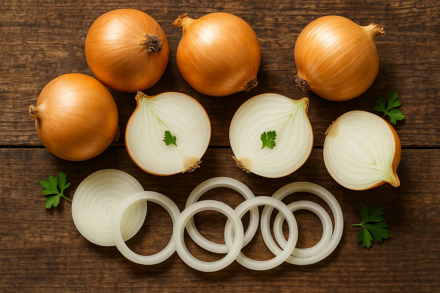 Fresh onions on rustic wooden table - 40 calories per 100g