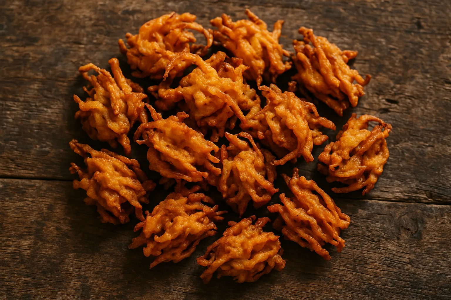 Fresh onion pakora on rustic wooden table - 248 calories per 3 pieces