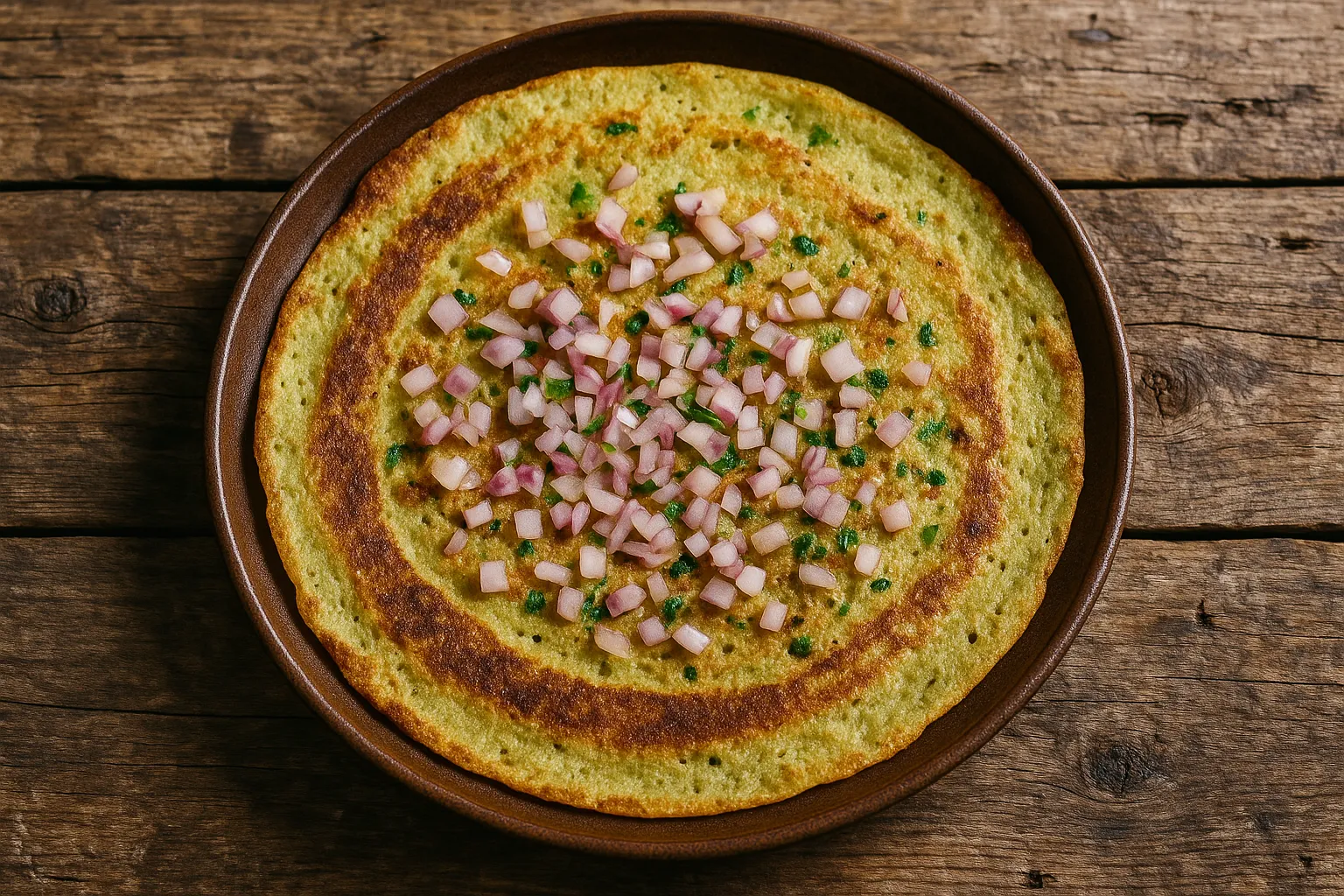Fresh onion peserattu dosa on rustic wooden table - 102 calories per dosa