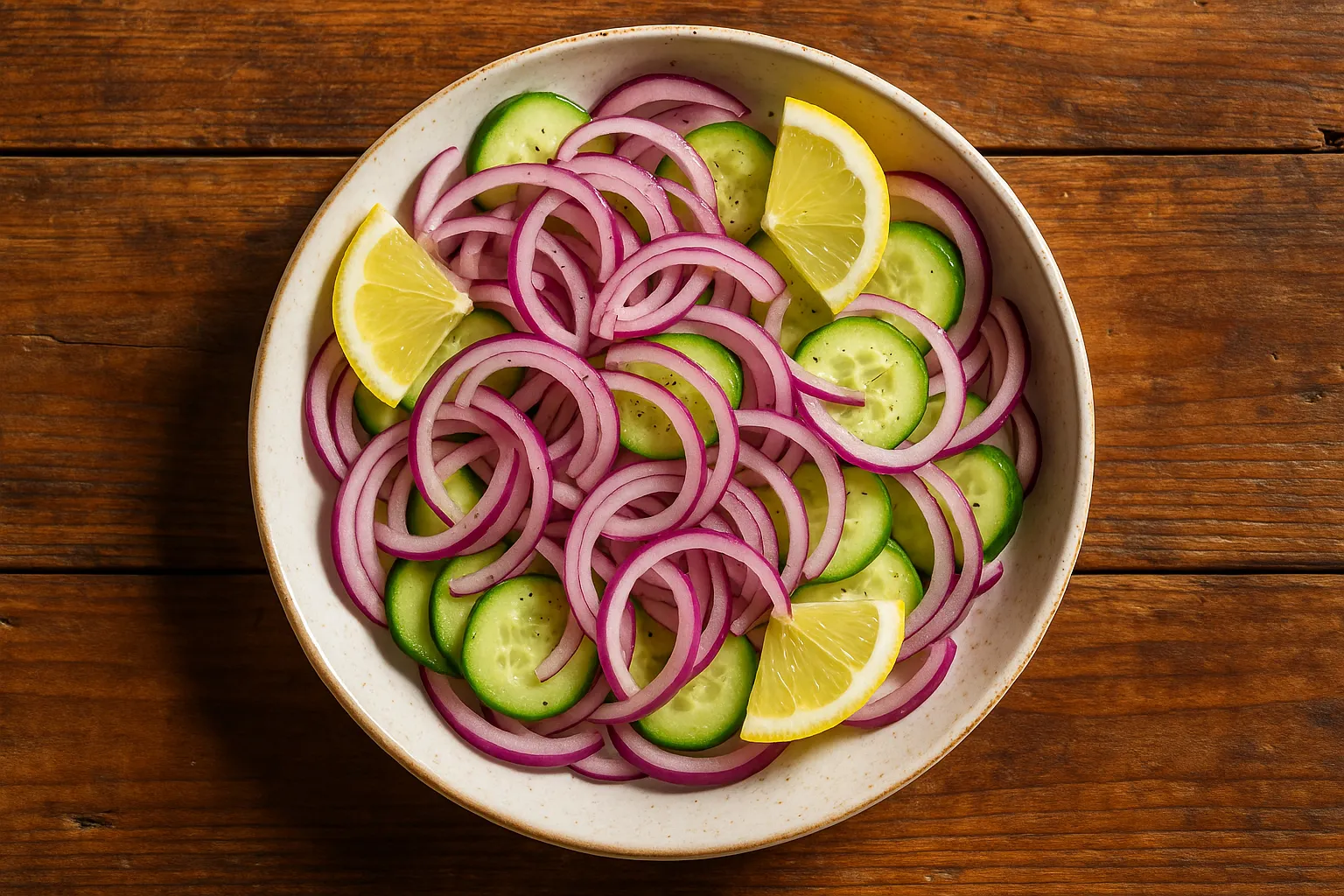 Fresh onion salad on rustic wooden table - 32 calories per serving