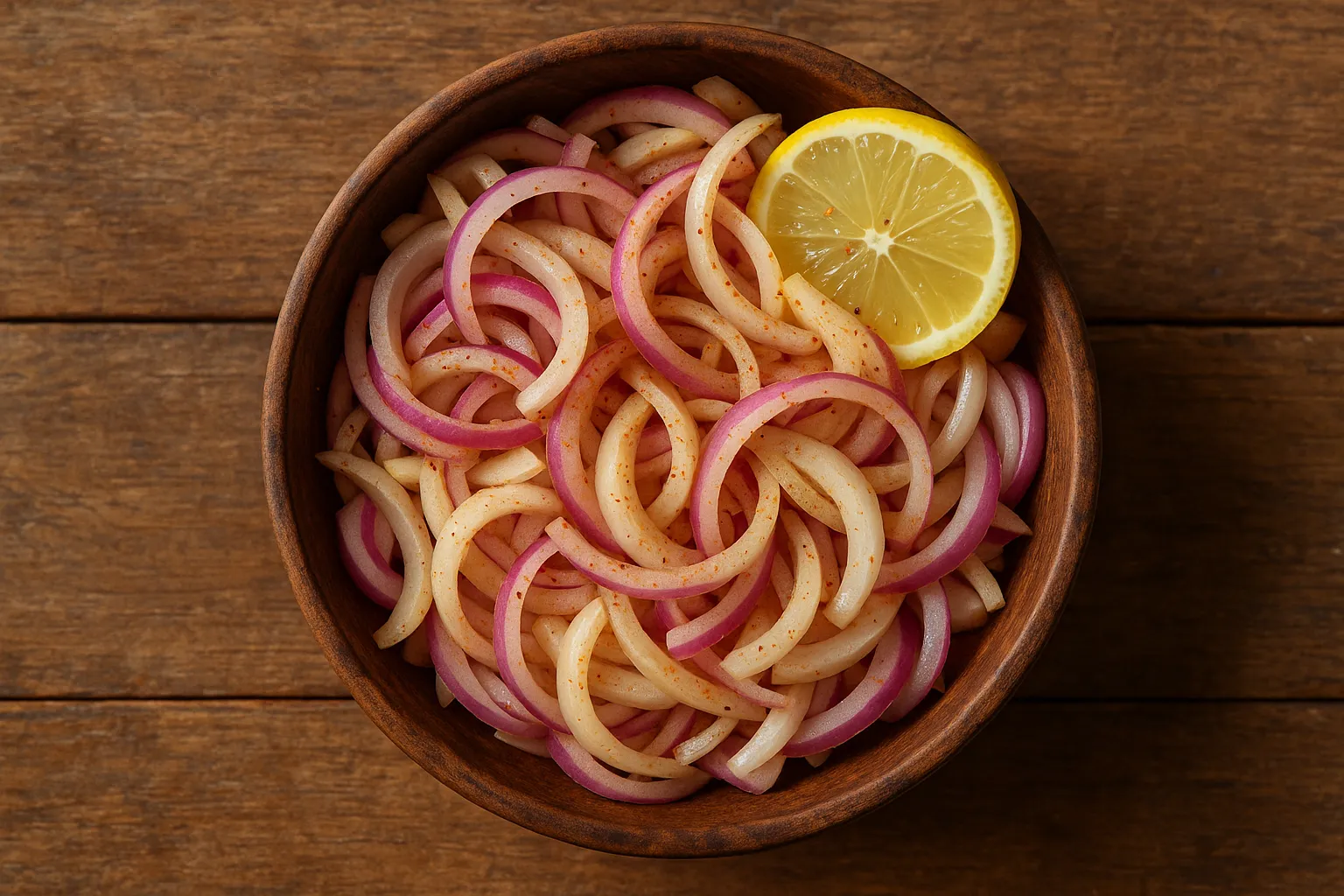 Fresh onion salad on rustic wooden table - 32 calories per serving