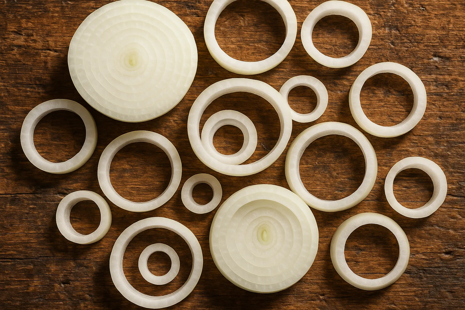 Fresh onion slices on rustic wooden table - 16 calories per serving