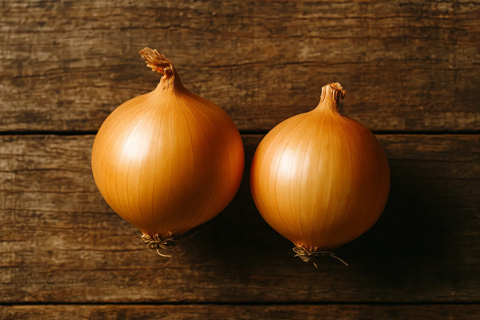 Fresh onions on rustic wooden table - 40 calories per medium onion