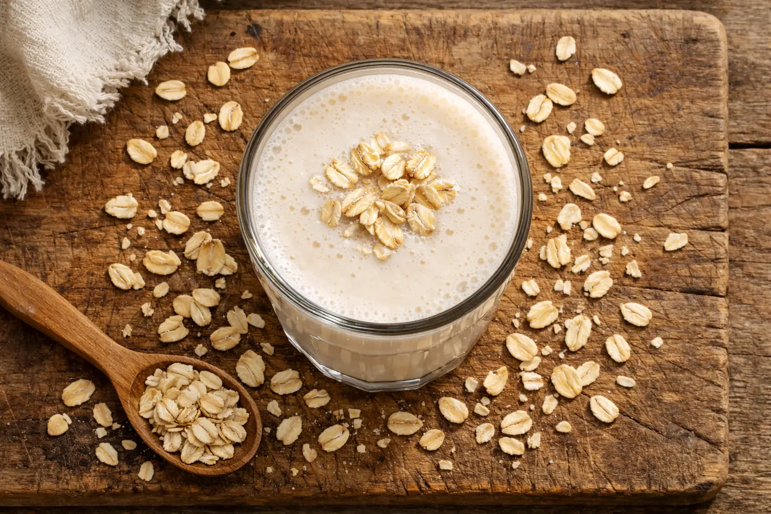 Fresh oat drink in glass on rustic wooden table - 45 calories per 100ml