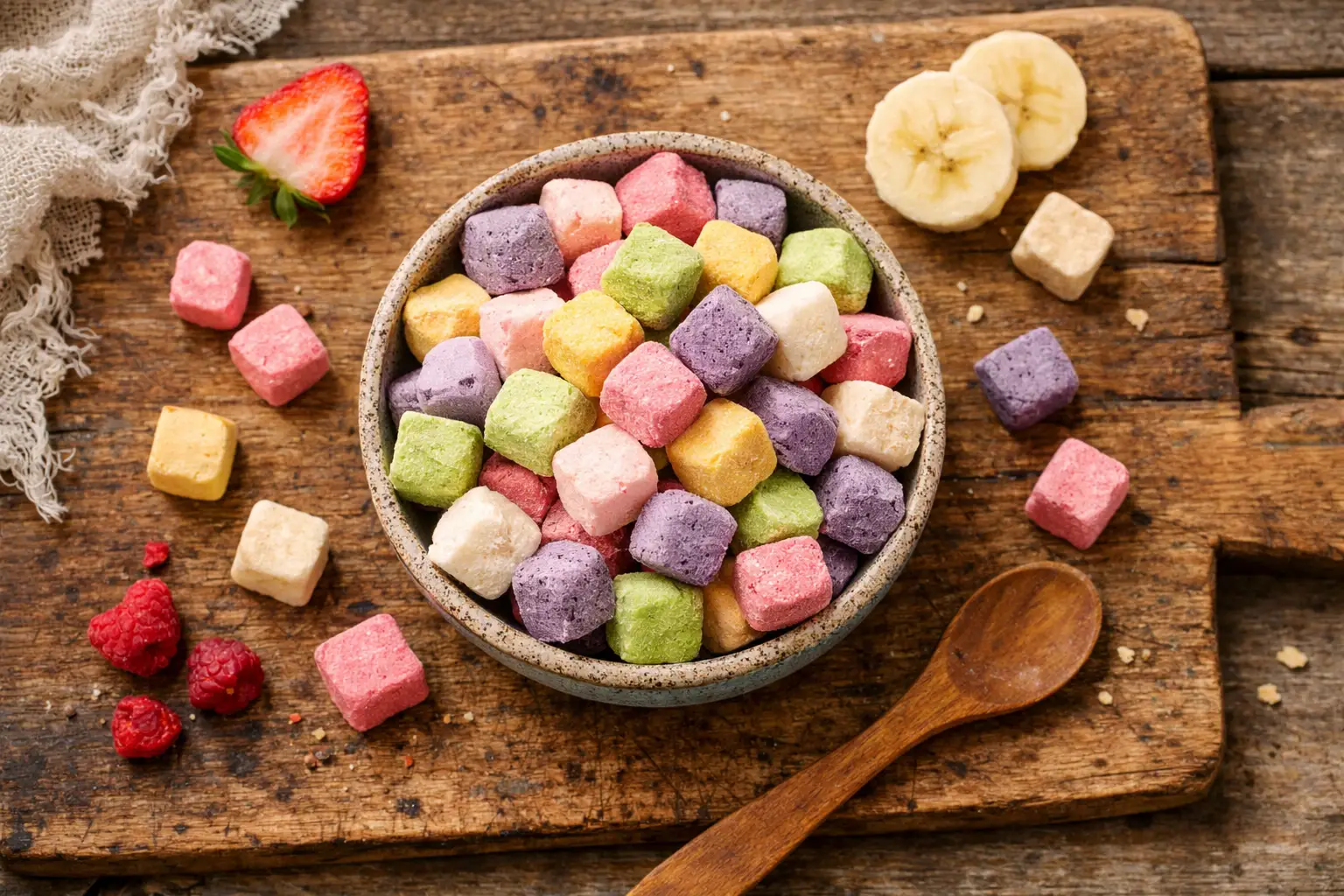 Melties de fruta liofilizada fresca sobre mesa de madera rústica - 70 calorías por ración