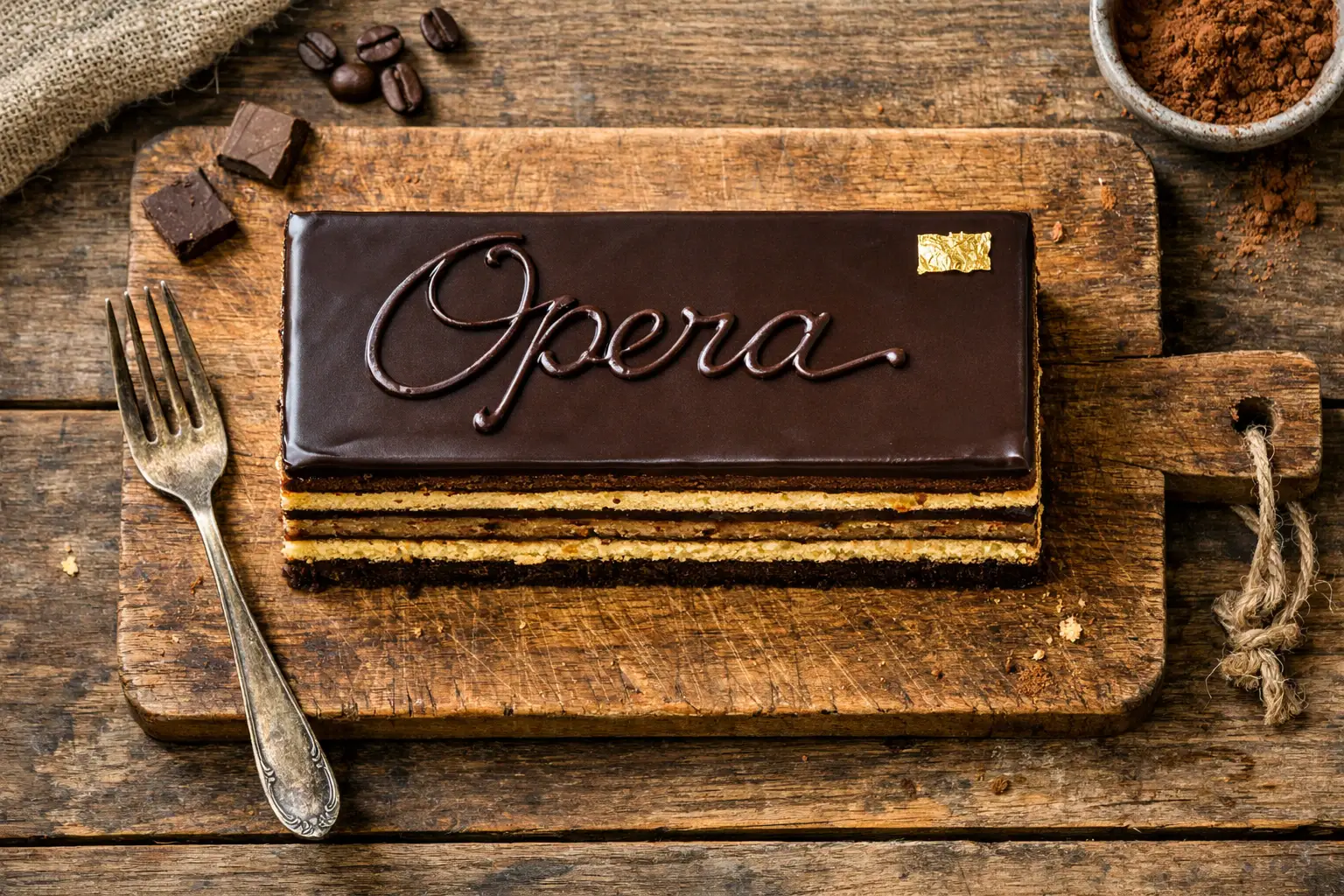 Opera cake frais sur table en bois rustique - 400 calories par part