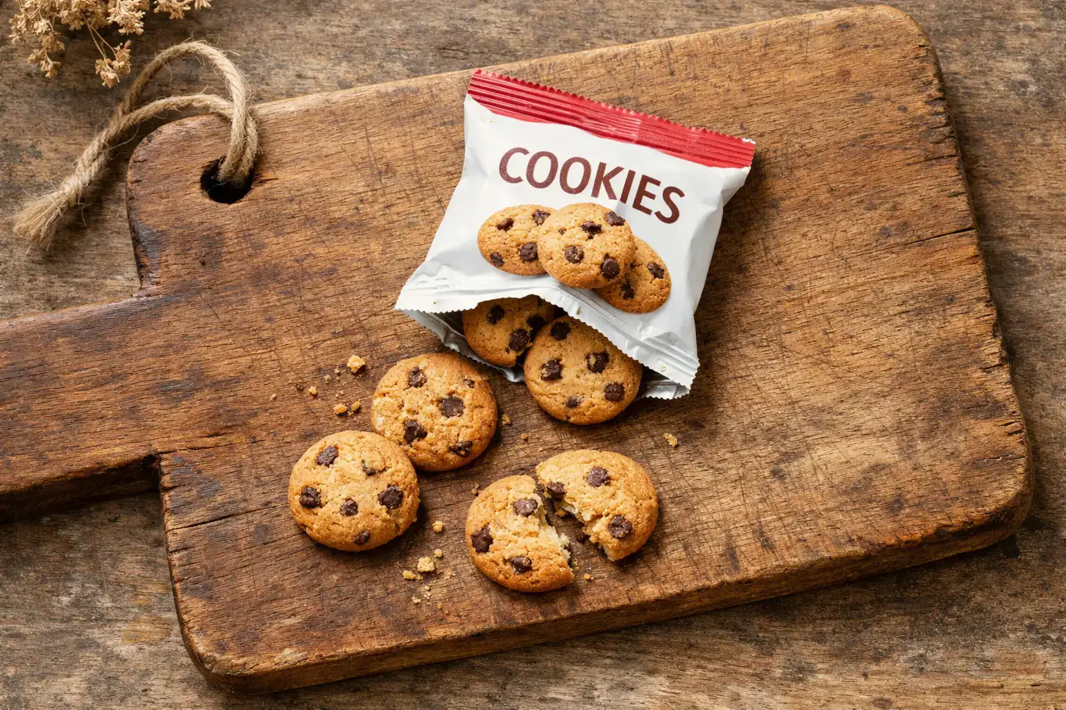 Biscuits OptiSlim 100 calories sur une table en bois rustique - 100 calories par paquet