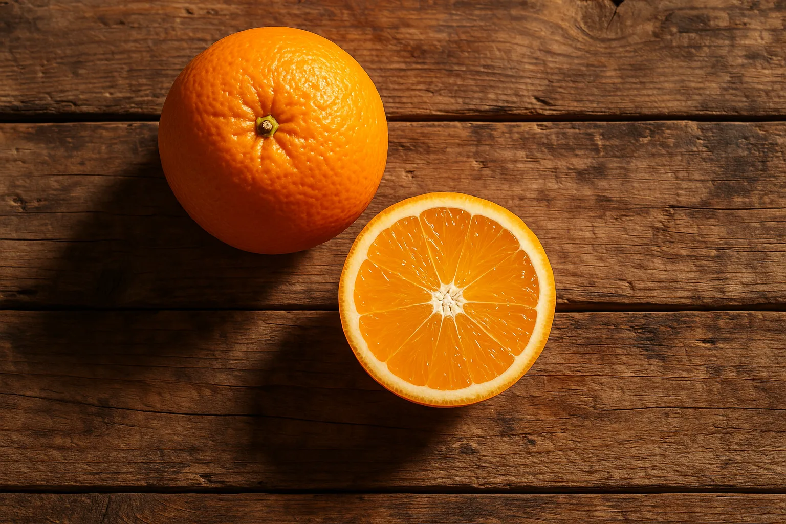 Fresh orange on rustic wooden table - 62 calories per medium orange