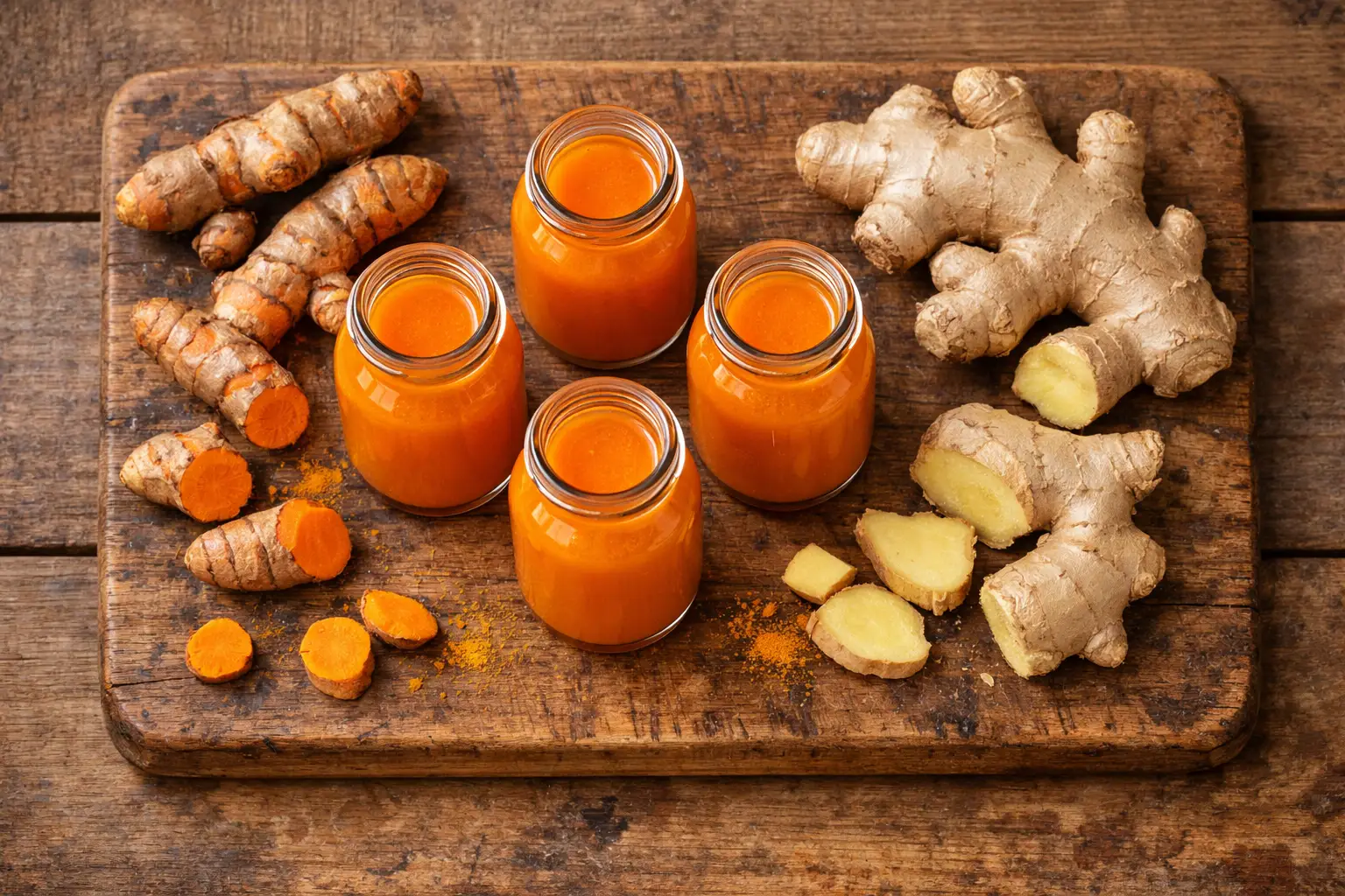 Frische Orangen-Karotten-Kurkuma-Ingwer-Shots auf rustikalem Holztisch - 25 Kalorien pro 2oz Shot