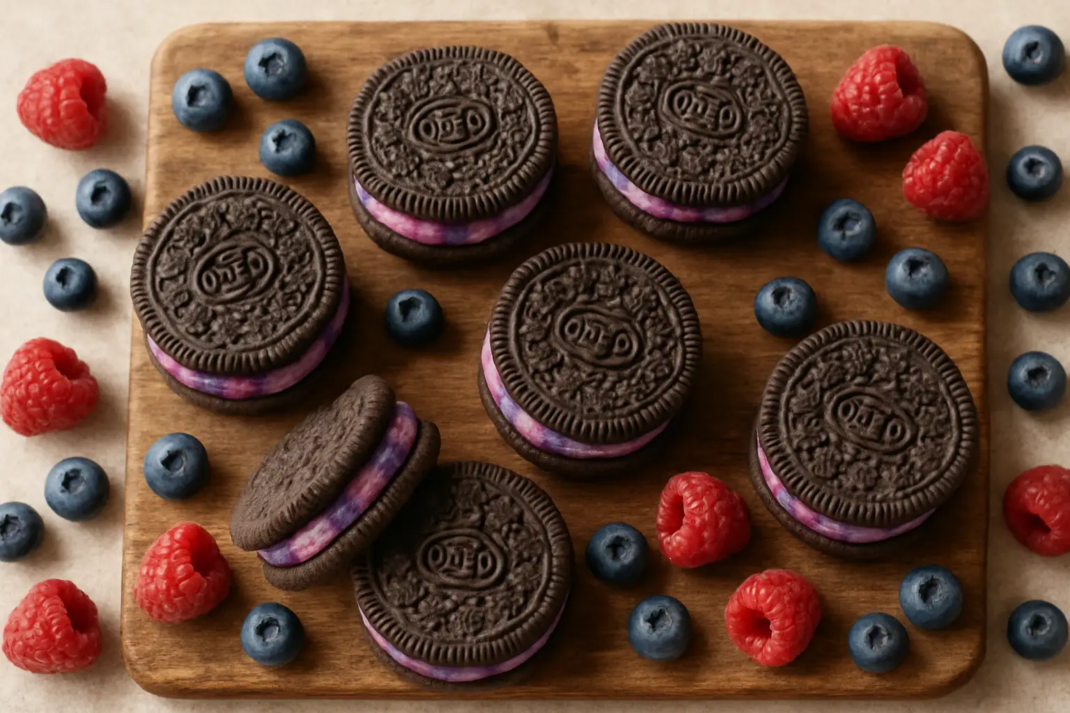 Oreo Blueberry & Raspberry sandwich biscuits (Chinese Asia-import version) arranged on a wooden board with blueberries and raspberries
