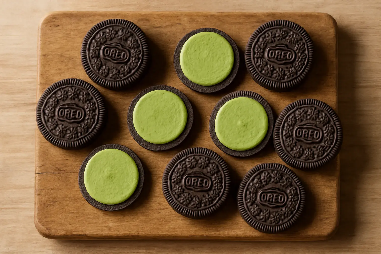 Oreo Matcha sandwich biscuits with green tea cream filling on a white surface