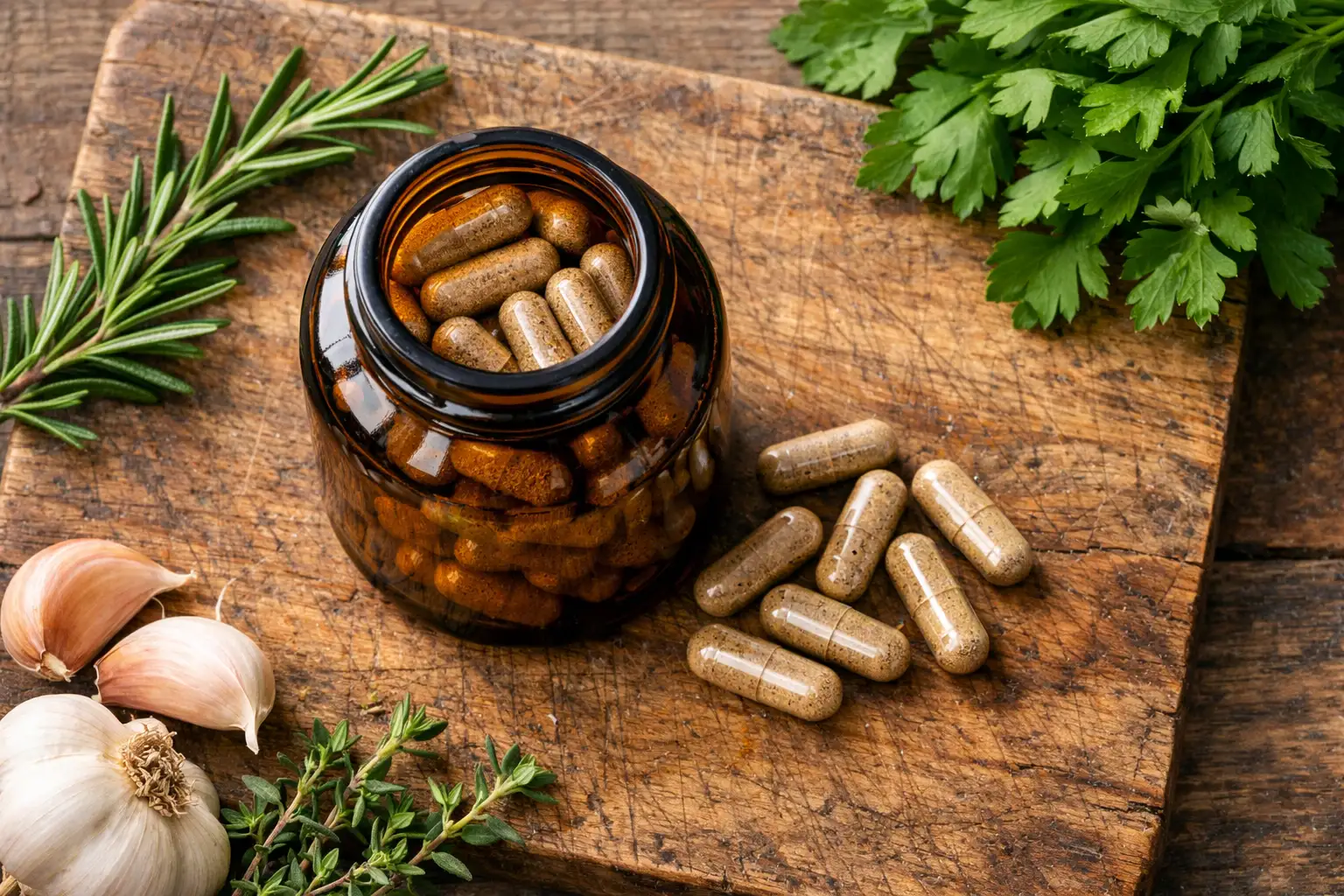 Capsules de supplement de foie de boeuf sur table en bois rustique - 15 calories par portion