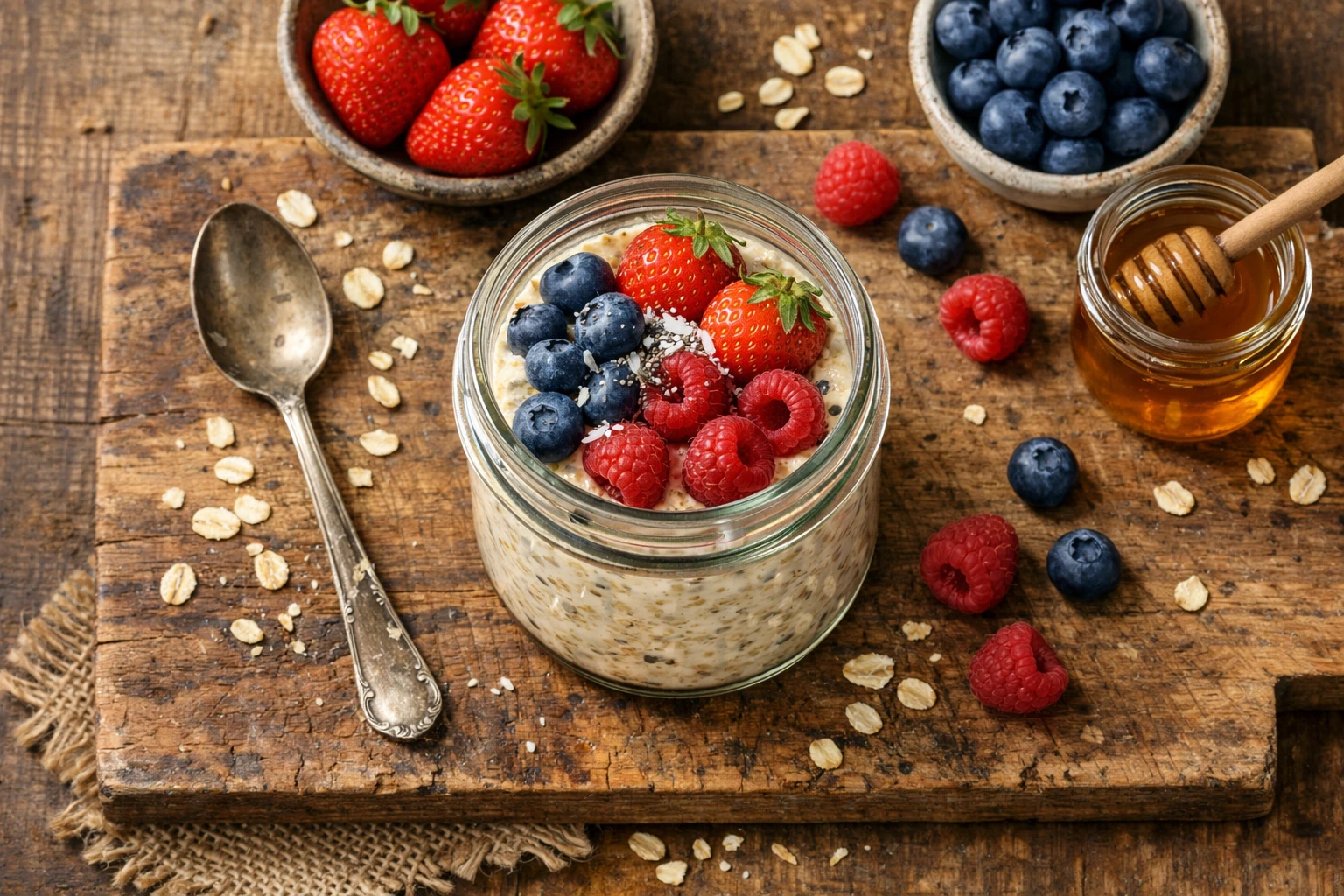 Frische Overnight Protein Oats im Glas auf rustikalem Holztisch - 350 Kalorien pro Portion