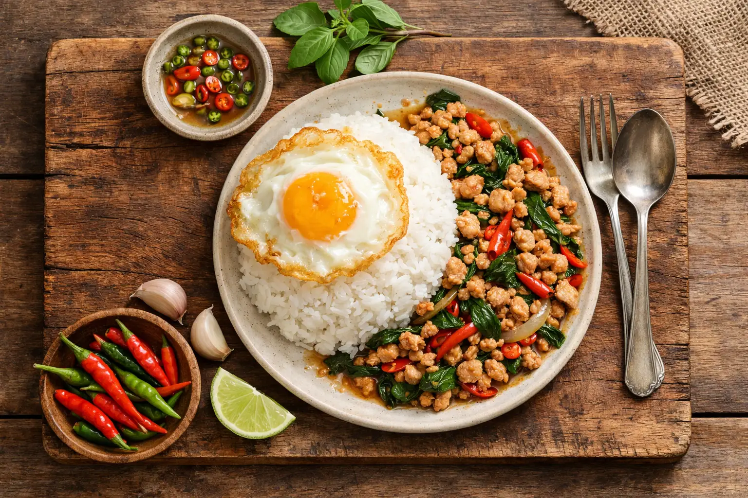 Frisches Pad Kra Pao auf rustikalem Holztisch - 350 Kalorien pro Portion