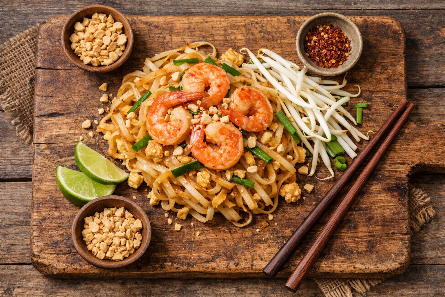 रस्टिक वुडन टेबल पर श्रिम्प के साथ फ्रेश पैड थाई - 350 कैलोरी प्रति सर्विंग