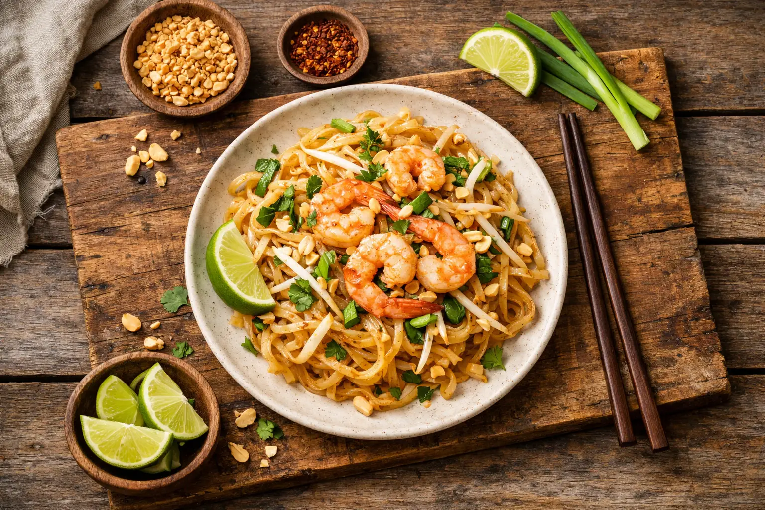Fresh Pad Thai noodles with shrimp on rustic wooden table - 308 calories per serving