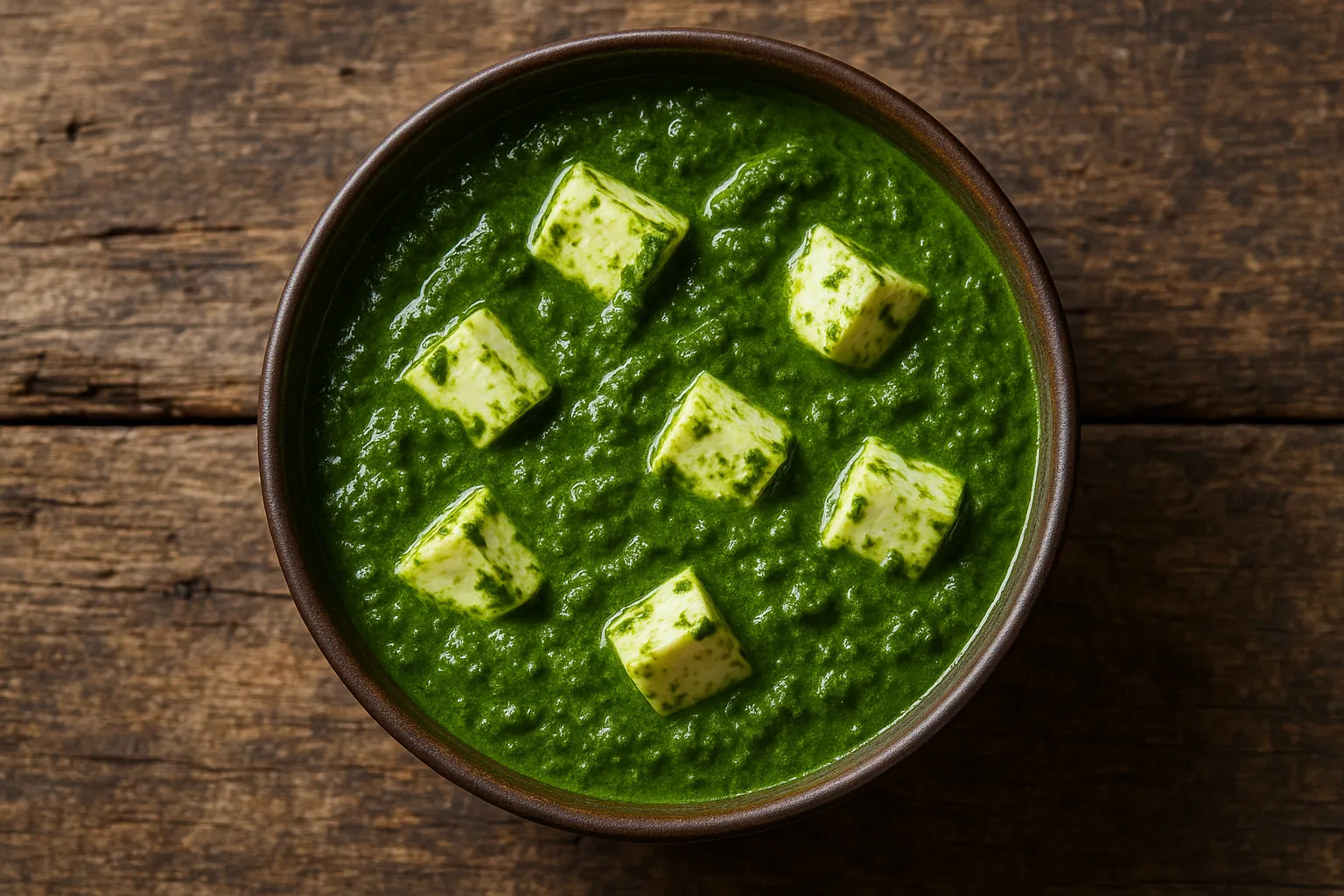 Fresh palak paneer on rustic wooden table - 150 calories per 100g