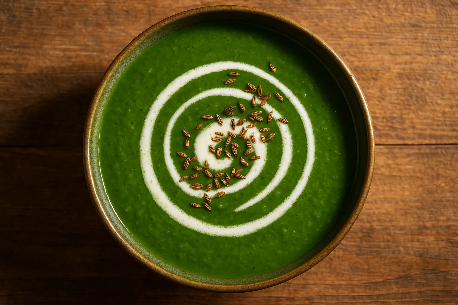 Fresh palak soup on rustic wooden table - 42 calories per 100g