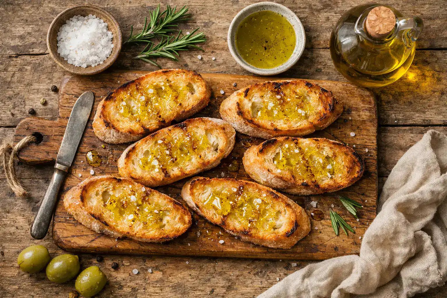 Pan con aceite fresco sobre mesa de madera rústica - 280 calorías por porción