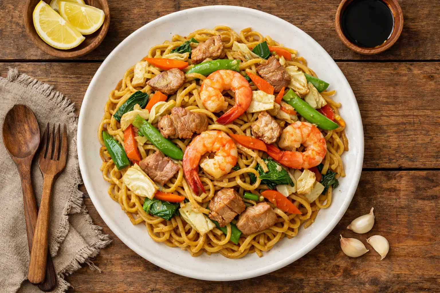 Pancit canton filipino fresco con fideos salteados - 350 calorías por porción