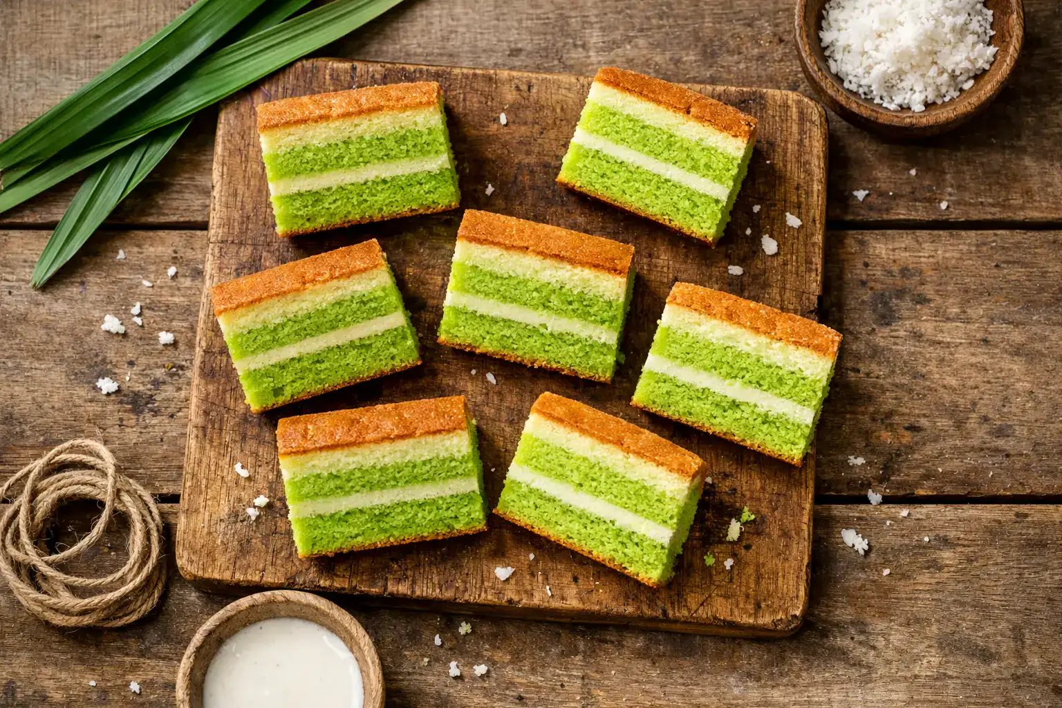 Porciones frescas de pastel de pandan sobre mesa de madera rústica - 224 calorías por porción