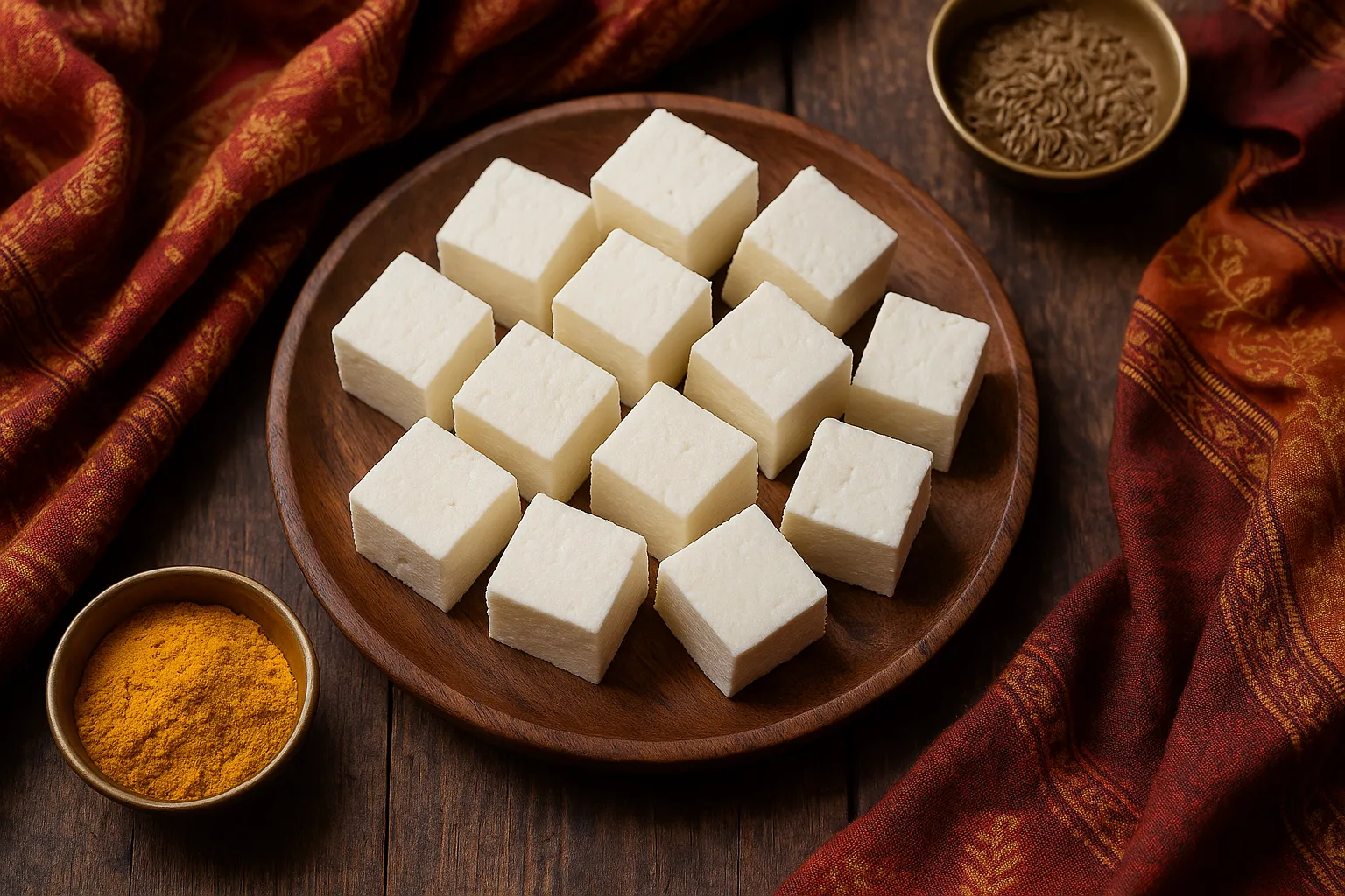 लकड़ी की मेज पर ताजा पनीर के क्यूब्स - 265 कैलोरी प्रति 100g