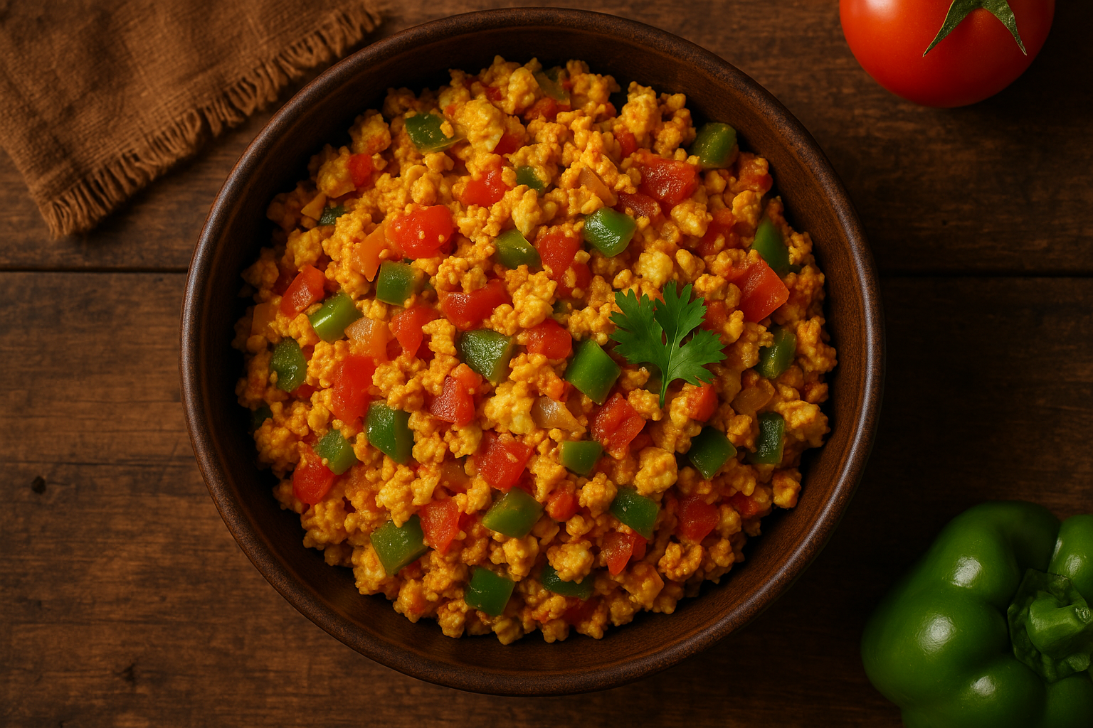 Fresh paneer bhurji with onions, tomatoes, and spices on rustic wooden table - 150 calories per serving