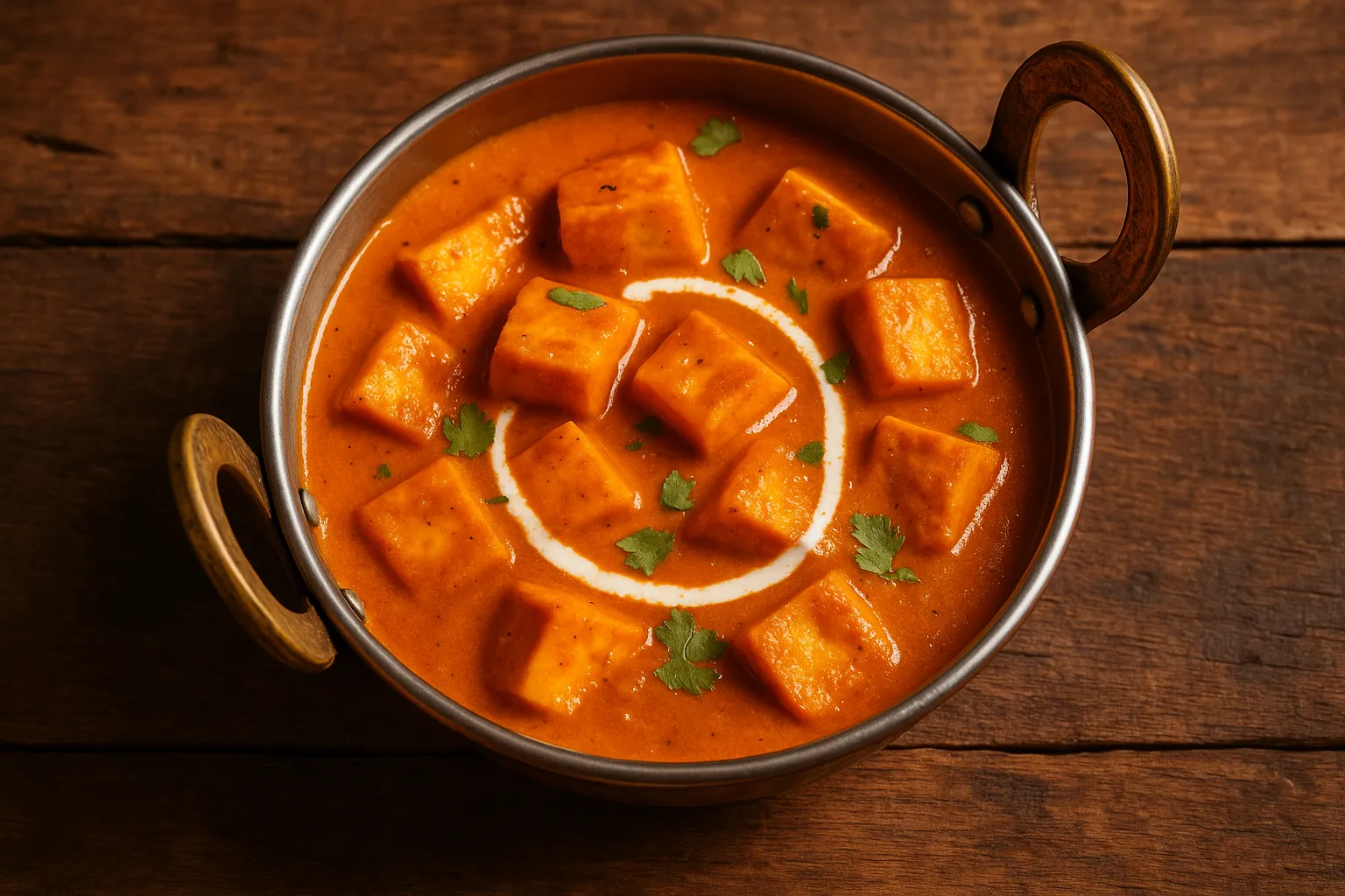 Fresh paneer butter masala on rustic wooden table - 265 calories per serving