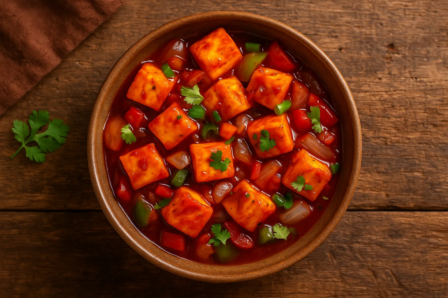 Fresh paneer chilli on rustic wooden table - 280 calories per 100g serving