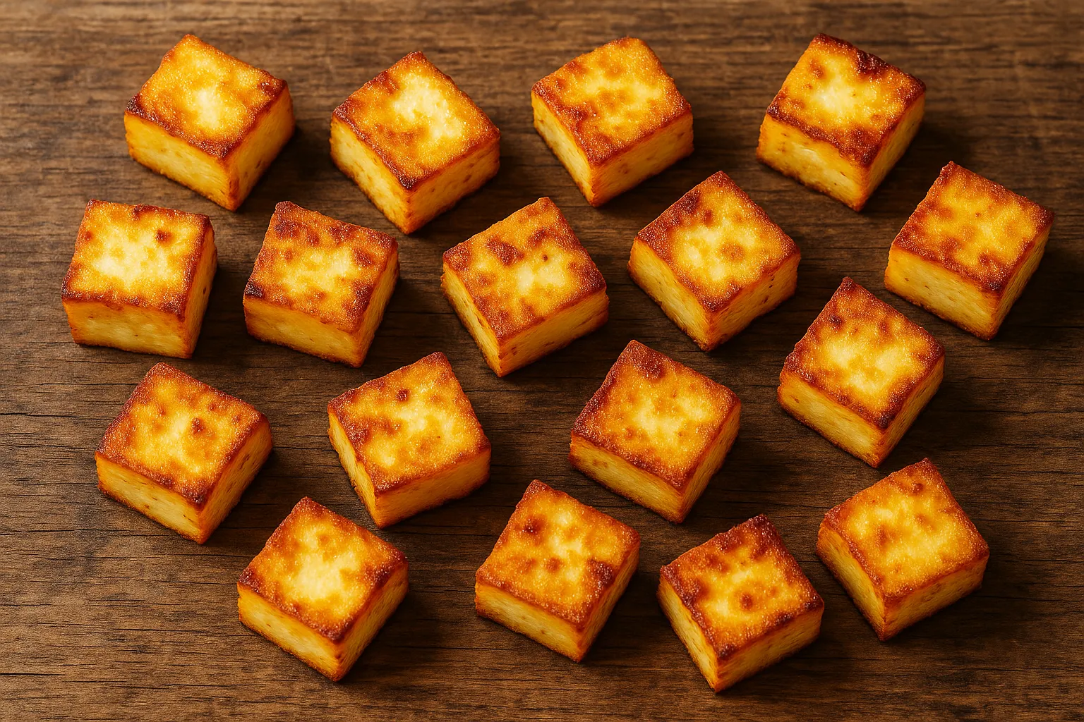 Fresh crispy paneer on rustic wooden table - 365 calories per 100g